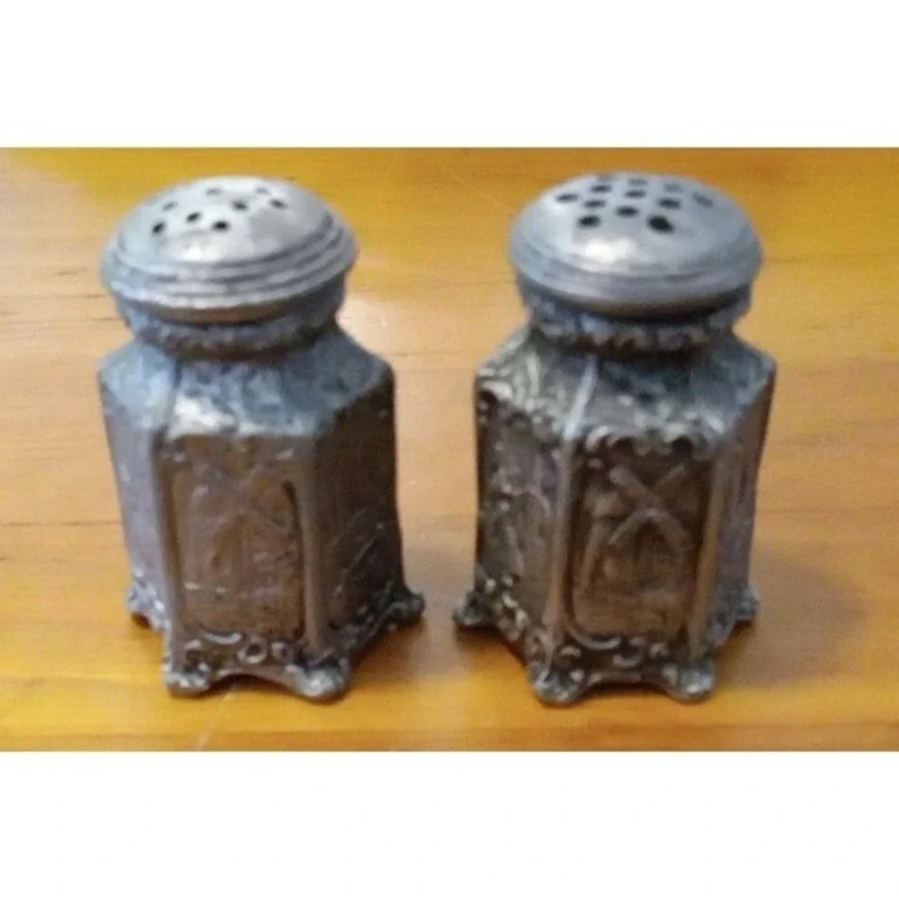 Salt & Pepper Shakers #2311 Sailboat Windmill  Church Silver Vintage W.B. Metal‎